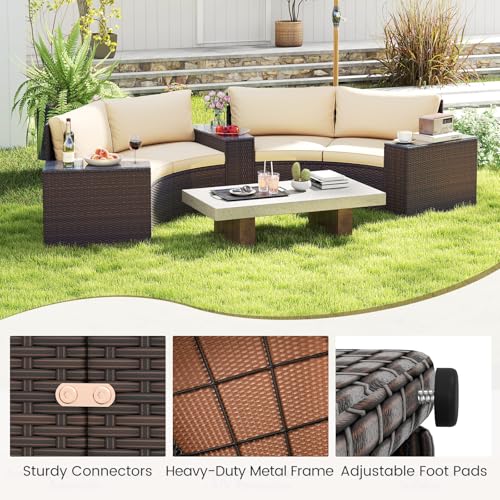 Tangkula 5 Pieces Patio Furniture Set, PE Rattan Half-Moon Curved Sectional Sofas with Tempered Glass Top Side Tables, Outdoor Conversation Set for Porch, Backyard & Poolside (Beige)