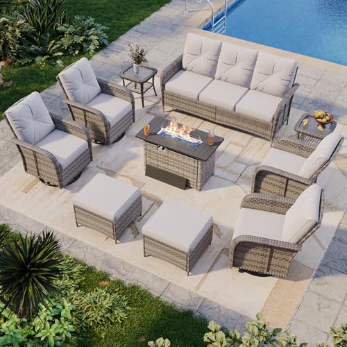 Aoxun 10-Piece Patio Furniture Set with 44” Fire Pit Table, Wicker Rattan Outdoor Sectional Sofa with High Back Swivel Rocker Chairs, Outdoor Patio Furniture Set with Thick Cushions & Ottoman, Grey