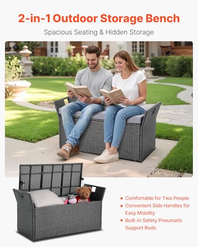 VEVOR Outdoor Storage Bench, 2-Person PE Rattan Storage Bench, 40 Gal Deck Box with Cushion & Side Handle, Supports up to 400 lbs, Outdoor Seating & Porch Decor for Patio Garden Balcony