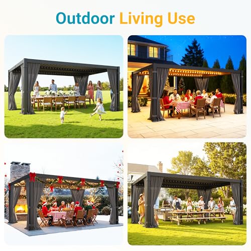 12' x 16' Louvered Pergola, Outdoor Pergola with Curtains & Netting, Metal Patio Pergola with Adjustable Louvers Roof and Gutter System, Metal Hardtop Gazebo for Patio, Deck, Garden, Yard, Dark Gray