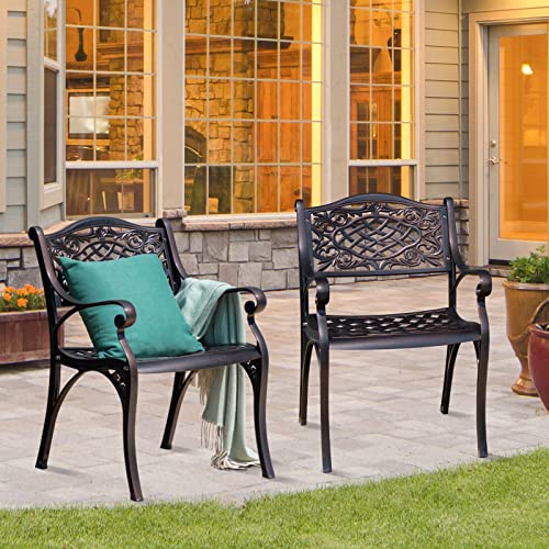 Tangkula 2 Pieces Outdoor Dining Chairs, All-Weather Cast Aluminum Chairs with Armrests and Curved Seats, Patio Arm Chairs for Garden, Poolside, Backyard