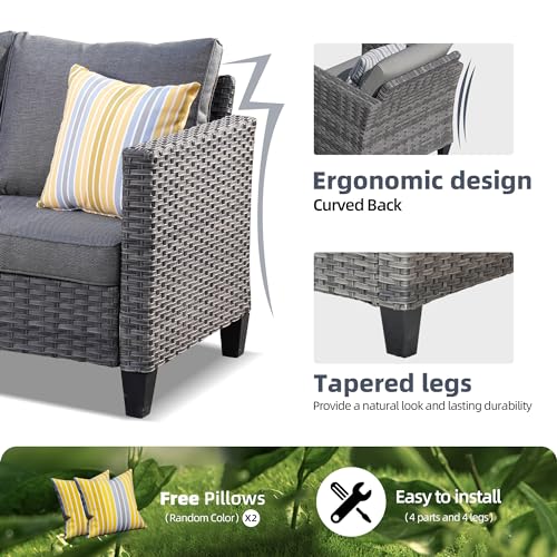 HOOOWOOO Wicker Patio Furniture Sets 6 Pieces Patio Conversation Sets Weather Resistant Outdoor Sofa Seating Set with Swivel Rocking Chairs Tilt Back Grey for 5 Persons Outside Yard,Dark Grey