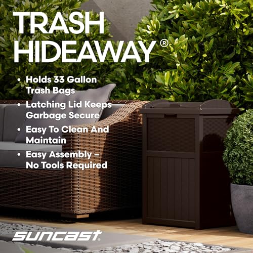 Suncast 33 Gallon Commercial Outdoor Trashcan Hideaway with Lid for 30 to 33 Gallon Trash Bags for Garage, Backyard, or Garden, Brown