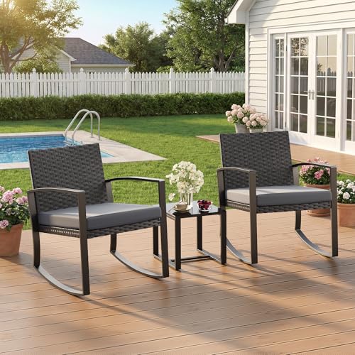 Qsun 3 Pieces Patio Furniture Set Rocking Bistro Set Outdoor Rattan Conversation with Coffee Table for Garden Balcony Backyard Poolside (Grey Cushion)