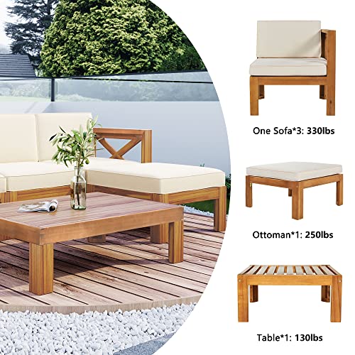 YSWH 5-Piece Patio Acacia Wood Outdoor Furniture Sectional Conversation Sets Sofa Set with Slatted Tabletop Tea Table and X-Back Wood Frame, Removable Cushions