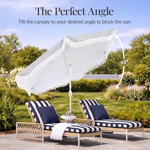 Best Choice Products 9ft Fringe Market Patio Umbrella – Outdoor Boho Tassel Sunshade for Table, Pool, Deck, Backyard – UPF50+, Easy Tilt, Heavy Duty Steel Pole & Ribs - Navy Pinstripe