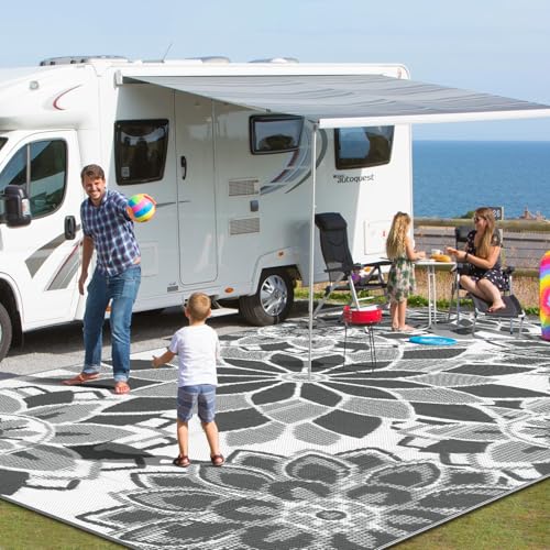 LOKHOM Outdoor Rug for Patio 6x9 ft Reversible Plastic Straw Patio Camping Rug, Floral Waterproof RV Mat for Camper Indoor Outdoor Carpet for Deck Porch Picnic Beach Balcony Backyard, Grey & White