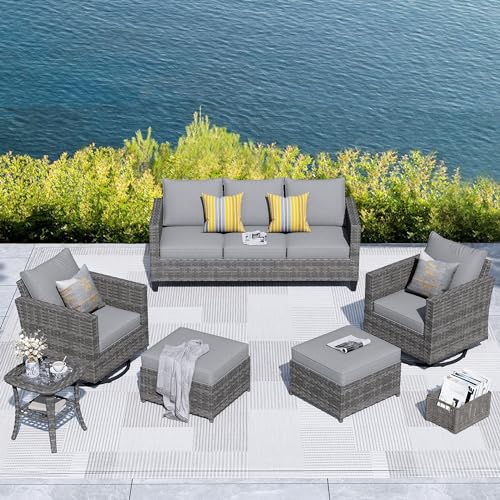 HOOOWOOO Wicker Patio Furniture Sets 6 Pieces Patio Conversation Sets Weather Resistant Outdoor Sofa Seating Set with Swivel Rocking Chairs Tilt Back Grey for 5 Persons Outside Yard,Dark Grey