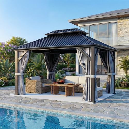 BETISEF 10'x12' Gazebo Hardtop Gazebo, Aluminum Pergola with Double Galvanized Steel Roof, Permanent Outdoor Metal Canopy with Curtain and Netting for Patio, Backyard, Deck,Grey