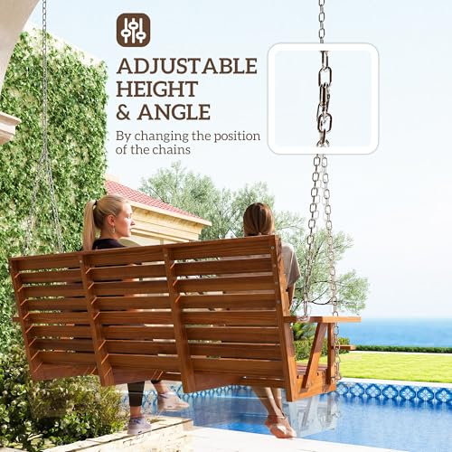 Outsunny Upgraded Wooden Porch Swing 3-Seater, 5 FT Outdoor Patio Swing Bench with Cupholders, Hanging Chains, Swing Chair Bench for Patio Garden Yard, Carbonized