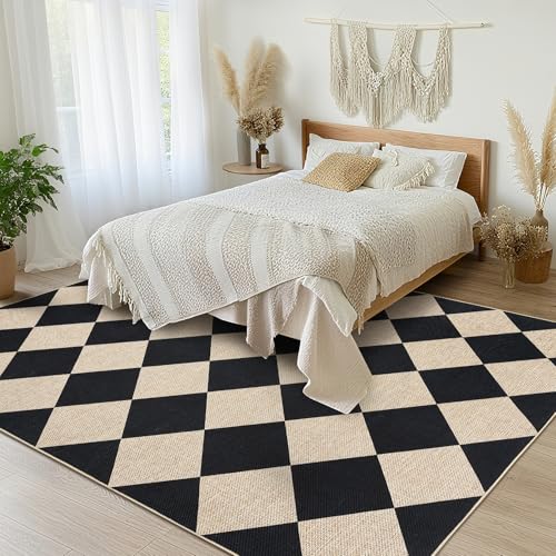 GarveeHome Checkered Easy Jute 5x7 Area Rugs for Living Room Machine Washable Non-Slip Backing Stain Resistant Modern Indoor Outdoor Rugs for Farmhouse Dining Room Patio Black