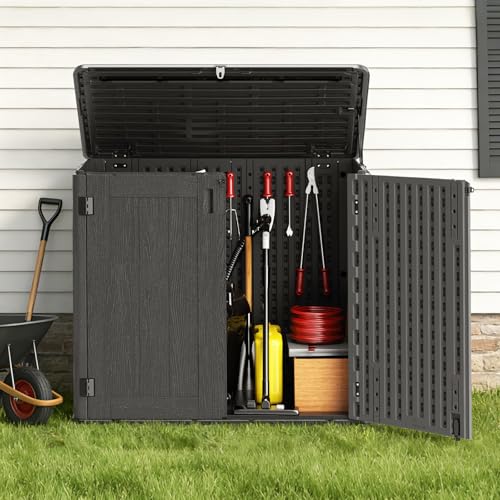 IWDOO Outdoor Storage Shed, 30 Cu Ft Waterproof Horizontal Resin Storage Cabinet, Weather-Resistant Garden Shed Trash Can Storage with Pad-Lockable Doors for Backyards (Black)
