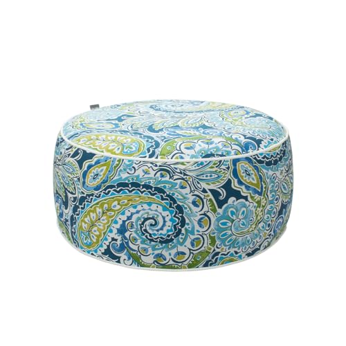 Magpie Fabrics Indoor/Outdoor Inflatable Stool Ottoman Pouf, Water Repellent Round Footrest Footstool D20 xH9, Portable for Patio Garden Camping or Home, Paisley Lapis Green