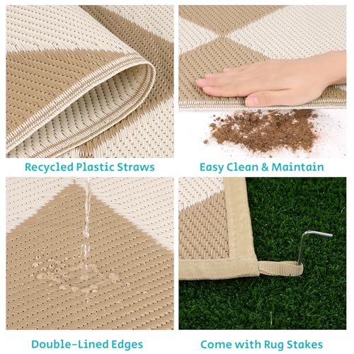 HEBE Outdoor Rug Waterproof 6x9, Checkered Plastic Straw Rug RV Camping Rug, Reversible Outdoor Patio Mat Clearance, Outside Carpet for Porch,Deck,Camper,Balcony