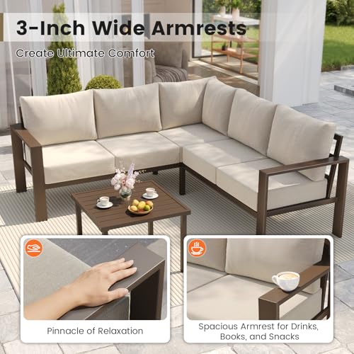 UDPATIO 6 Piece Patio Furniture Set, Metal Outdoor Sectional Sofa with 6" Thick Olefin Cushions, Wide Armrest & Coffee Table, L Shaped Outdoor Furniture for Garden, Backyard Beige