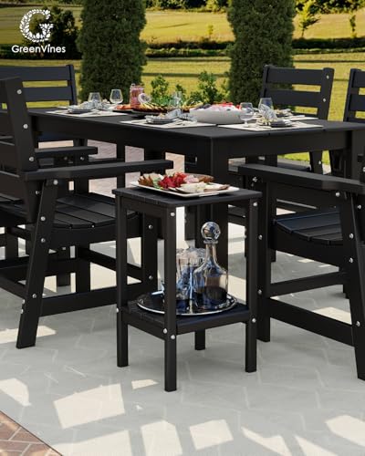 GREENVINES Tall-Outdoor-Side-Table Set of 2 | 23.5" | HDPE Plastic | Patio Adirondack End Tables | All Weather | 2-Tier | Black | for Porch Garden Indoor & Rocking Chairs