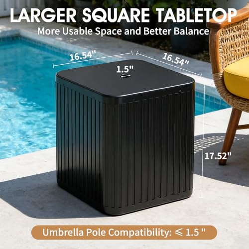 BoYata Outdoor Umbrella Side Table, 2-in-1 Outdoor Side Table with Umbrella Hole, 15.9 Gallon Fillable Umbrella Stand Base, Fit Up to 1.5" Pole, Square Patio Side Table for Poolside, Deck, Matte Black