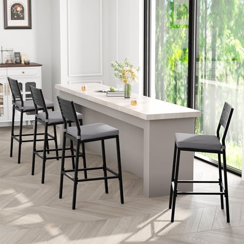 Crestlive Products Outdoor Bar Stools Set of 2, Patio Counter Height Barstools with Cushions, Tall Chairs with Back and Footrest for Deck, Lawn, Garden, Backyard, Poolside, Or Indoor Use (Light Gray)