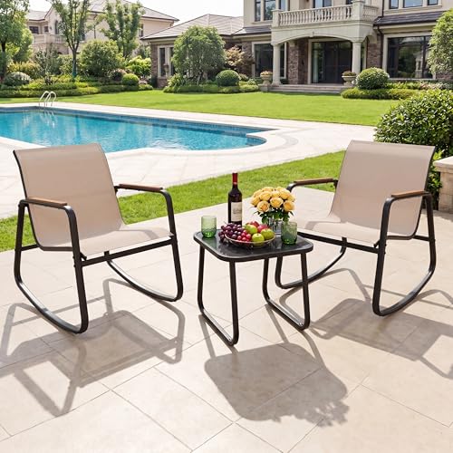 YITAHOME 3 Piece Outdoor Rocking Bistro Set, Textilene Patio Furniture Set with Wooden Armrests, Porch Chairs Set with Glass Table for Garden, Lawn, Poolside, Balcony, Beige