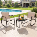 YITAHOME 3 Piece Outdoor Rocking Bistro Set, Textilene Patio Furniture Set with Wooden Armrests, Porch Chairs Set with Glass Table for Garden, Lawn, Poolside, Balcony, Beige