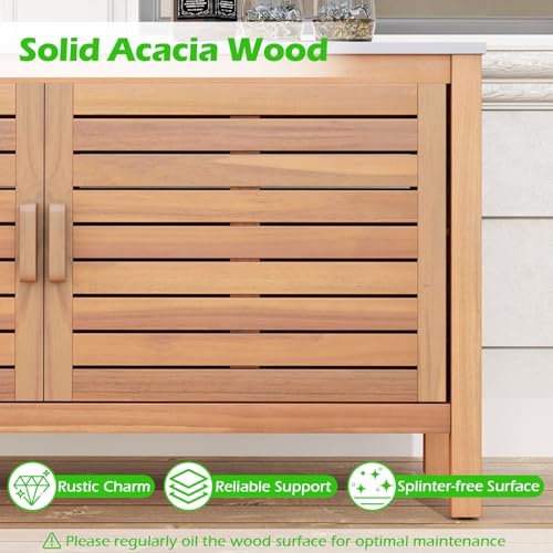 Goplus Patio Storage Cabinet, 2-Door Acacia Wood Console Table with Faux Marble Top, Outdoor Wooden Sideboard for Deck, Garden, Backyard & Entryway