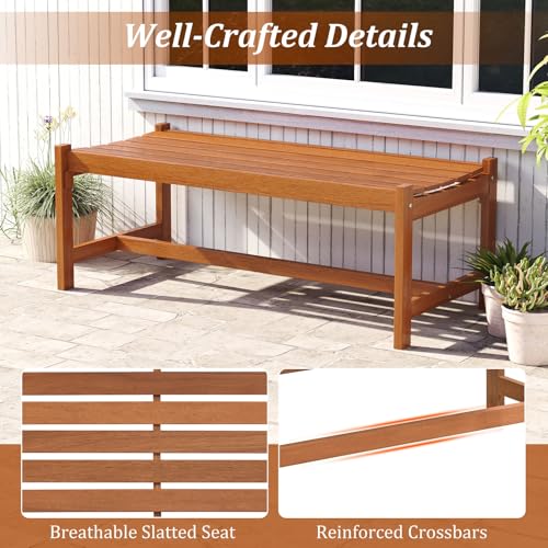 Tangkula Outdoor Wood Bench Backless, Solid Hardwood Patio Dining Bench with Teak Oil Finish & Curved Seat, Farmhouse Wooden Slat Bench for Porch, Garden, Entryway, Poolside, Backyard (1)