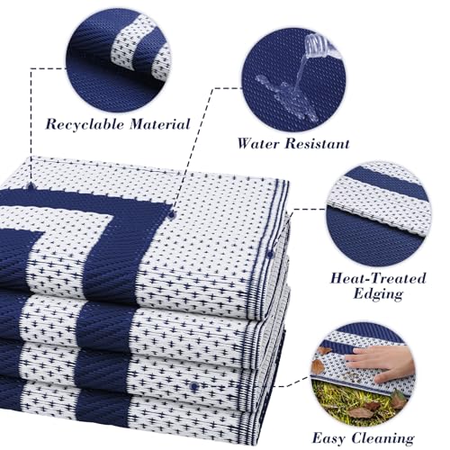 KMAT Outdoor Rug, Waterproof Reversible Patio Rugs, 5x8ft Large Outdoor Area Rug Foldable Plastic Camping Rugs for Outside RV, Patio,Picnic,Camper,Balcony,Porch (Blue &White)