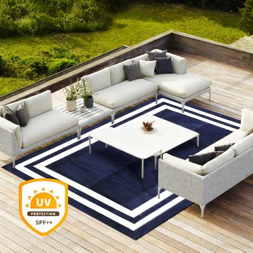 8'x 10' Outdoor Rug,Waterproof Reversible Patio Rugs,8x10 ft Plastic Straw Outdoor Carpet Foldable Plastic Camping Mat for Outside RV, Patio,Picnic,Camper,Balcony,Porch(Navy Blue &White)