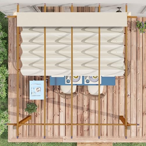 Outsunny 10' x 10' Retractable Pergola Canopy, Wood Grain Aluminum Pergola, Outdoor Sun Shade Shelter for Grill, Garden, Patio, Backyard, Deck, Cream White