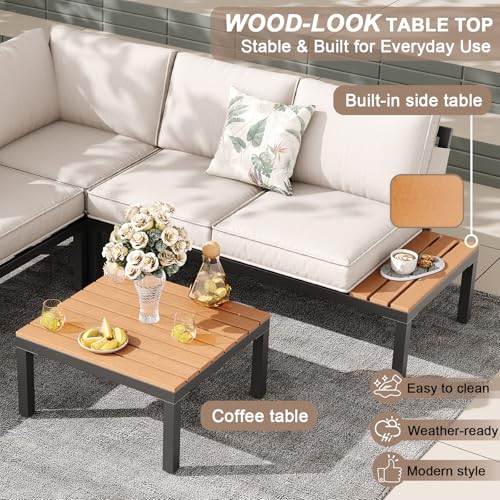 SunloungeCo 5-Person Outdoor Patio Furniture Set, Durable Metal Frame Outdoor Sectional with Wood-Look Table & Waterproof Cushions, All-Weather Conversation Set for Garden, Balcony, Poolside-Beige