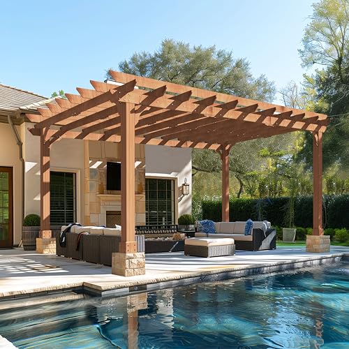 Yardenaler 12 x16 FT Wooden Pergola, Cedar Wood Gazebo with Flat Roof, Outdoor Garden Shelter with Stakes Included, Patio, Deck, Backyard, Lawn
