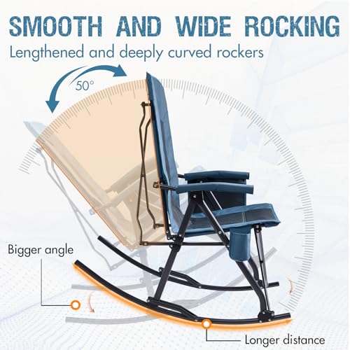 Portal Oversized Folding Rocking Camping Chair Portable Outdoor Rocker with High Back Hard Armrests Carry Bag, Supports 400 lbs, Mesh Back, Blue