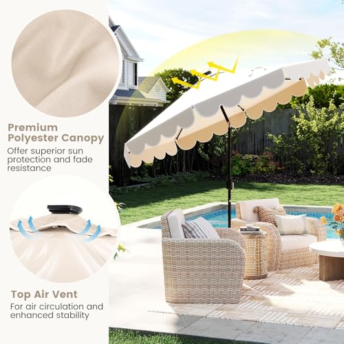 Tangkula 9 FT Solar Patio Umbrella, 2-Tiers Scalloped Outdoor Table Market Umbrella with 32 LED Lights, Vented Top, Tilt Adjustment, Crank, 8 Ribs for Backyard Poolside Deck Beach Lawn (Beige)