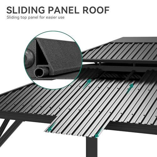 YITAHOME 12x14ft Hardtop Gazebo with Nettings and Curtains, Heavy Duty Double Roof Galvanized Steel Outdoor Combined of Vertical Stripes Roof for Patio, Backyard, Deck, Lawns, Gray