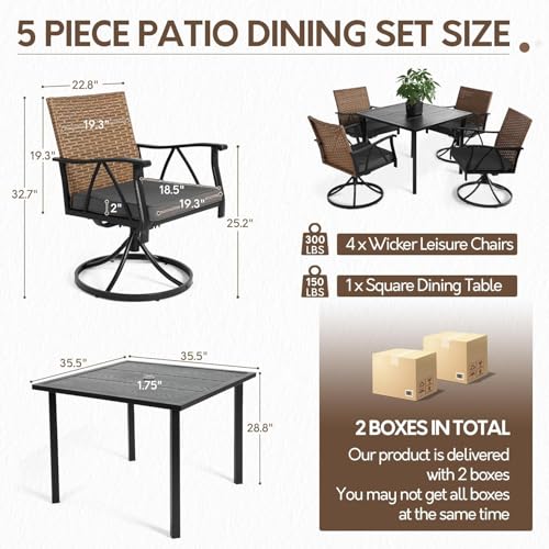 Andehomy 5-Piece Patio Dining Set for 4，Outdoor Dining Set with Wicker Swivel Patio Dining Chairs with Cushions & 1 Black Square Woodgrain Dining Table with 1.75”Market Umbrella Hole, Black & Brown