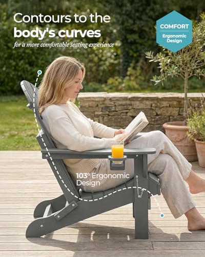 Ciokea Folding Adirondack Chair 2 Pack, Patio Adirondack Chair Weather Resistant, Plastic Fire Pit Chair with Cup Holder, Lawn Chair for Outdoor Porch Garden Backyard Deck (Grey)