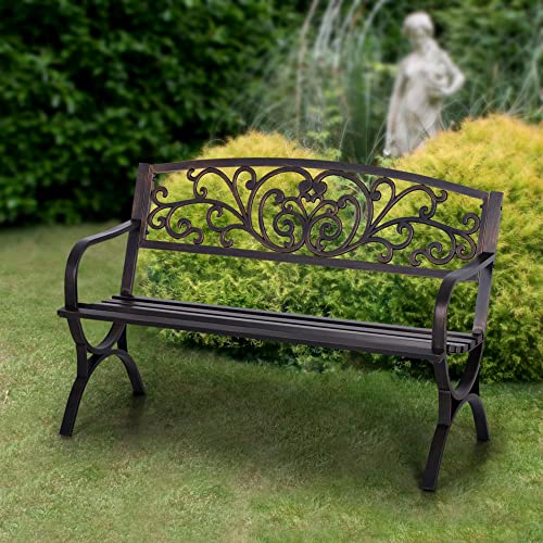 Sophia & William Metal Outdoor Bench, 50" Outdoor Garden Bench Patio Park Bench, Cast Iron Park Benches for Outside with Floral Design Backrest, Bronze