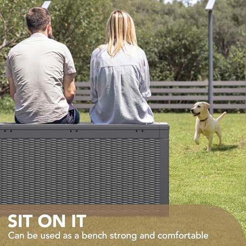 Devoko 100 Gallon Waterproof Large Resin Deck Box Indoor Outdoor Lockable Storage Container for Patio Furniture Cushions Garden Tools (100 Gallon, Grey)