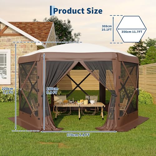 GarveeLife 11.5x11.5FT 6-Sided Pop Up Gazebo Tent，One-Push Setup Canopy Tent with Mesh Panels & Removable Wind Cloths, Outdoor shelter for Camping, Backyard Parties, Outdoor Events - Beige & Khaki