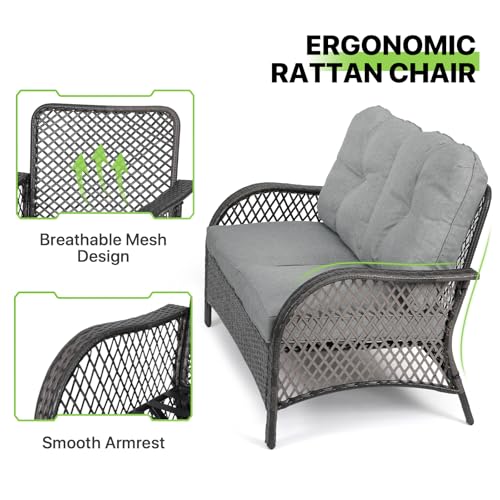 Magshion Outdoor Patio Loveseat Set, 2 Seat Sofa Furniture Set with Soft Cushions and SideTable, All-Weather Rattan Conversation Couch for Backyard, Balcony, and Deck, Grey