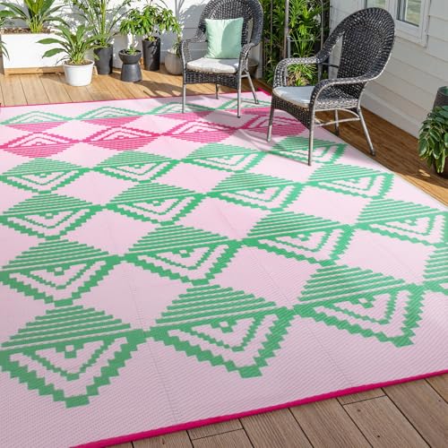Lahome Waterproof Outdoor Rug 8x10, Reversible Outdoor Plastic Straw Rug for Patios, Outside RV Mat Carpet for Deck Porch Backyard Balcony Picnic Trailer (Pink/Green, 8' x 10')
