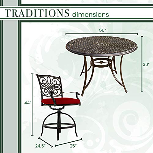 Hanover Traditions 5-Piece Outdoor Dining Set in Red with Four Swivel Chairs and a 56 In. Cast-top Table, Patio Dining Set for 4 for Backyard, Deck, Porch, Patio