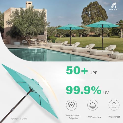 JEAREY 7.5FT Patio Umbrella Market Table Umbrella with 6 Sturdy Ribs, Push Button Tilt/Crank Outdoor Umbrella for Garden, Deck, Backyard, Pool, Peacock Blue