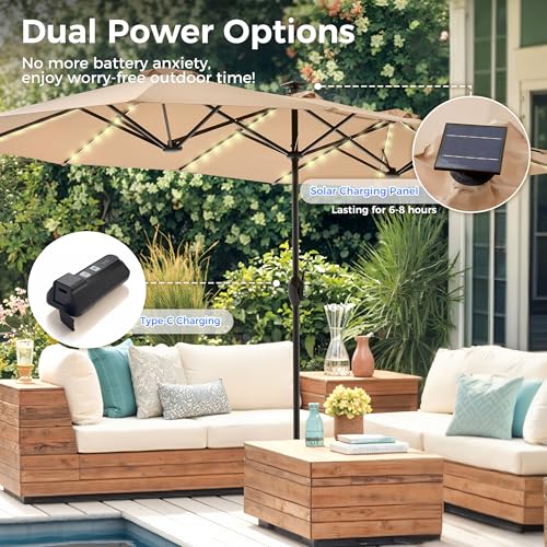 SUPERJARE 13ft Outdoor Patio Umbrella with Solar Lights, Double-sided Deck Pool Umbrella with 1.5 Inch Pole, Fade Resistant Canopy, 12 Sturdy Ribs, for Porch, Market, Backyard, Beige (No Base)