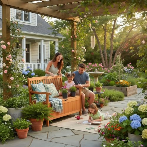 Tangkula Outdoor Wood Storage Bench Deck Box, Entryway Porch Storage Bench with Inner Removable Dust-Proof Lining & Portable Handles, Eucalyptus Wood Loveseat for Garden, Lawn, Balcony & Yard