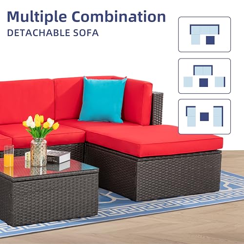 Vongrasig 5 Pieces Small Patio Furniture Sets, All-Weather Outdoor Sectional Patio Sofa Wicker Rattan Patio Seating Sofas with Cushion and Glass Table (Red)