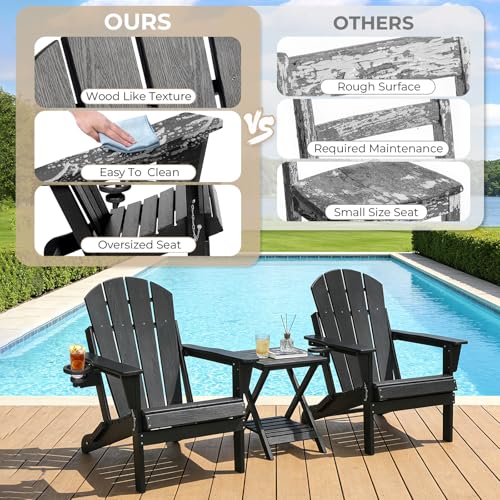 SFYLODS HDPE Folding Adirondack Chair, Outdoor Patio Chair with Cup Holder, Weather Resistant Wood Grain Lawn Chair for Backyard, Garden, Fire Pit, Deck, Black