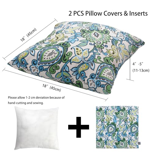Magpie Fabrcis Pack of 2 Outdoor Waterproof Throw Pillow with Insert 18 x 18 Inch, Christmas Decorative Back Cushion Pad for Garden Patio Tent Balcony Couch Sofa(Floral Blue Green)