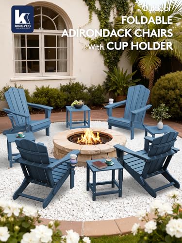 KINGYES Folding Adirondack Chair Set of 2, HDPE All-Weather Patio Chairs with Cup Holder, Wooden Textured Fire Pit Chairs for Poolside, Backyard, Deck, Navy