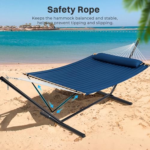 SUPERJARE Hammock with Stand, 2 Person Quilted Outdoor Hammock, Detachable Pillow & Bamboo Spreaders, Portable Hammock with Carrying Bag, Heavy Duty Stand, Perfect for Outside, Patio, Navy Blue